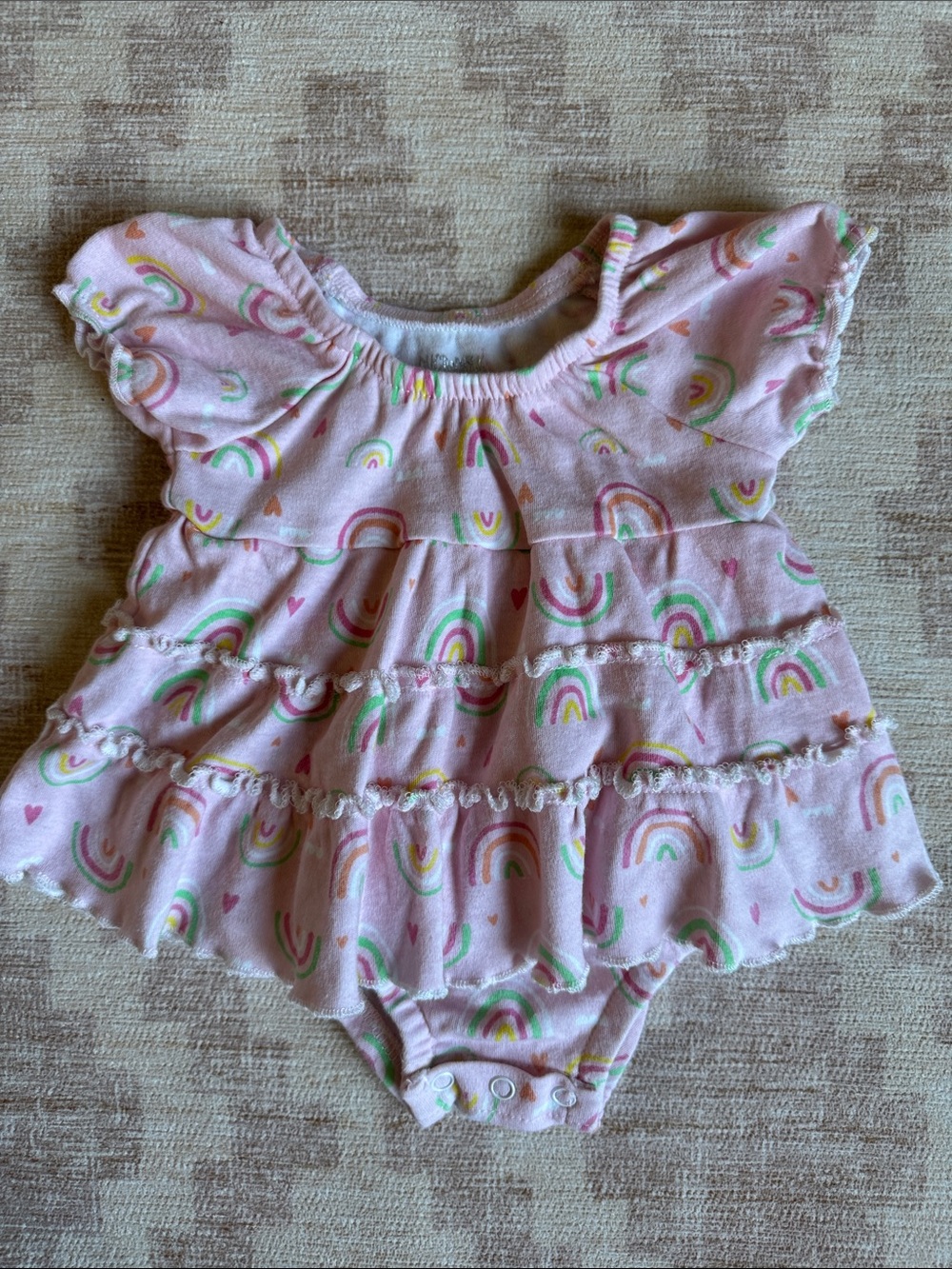 Duck Duck Goose Cotton Pink Rainbow Tiered Ruffle Baby Dress Romper size 6-9M